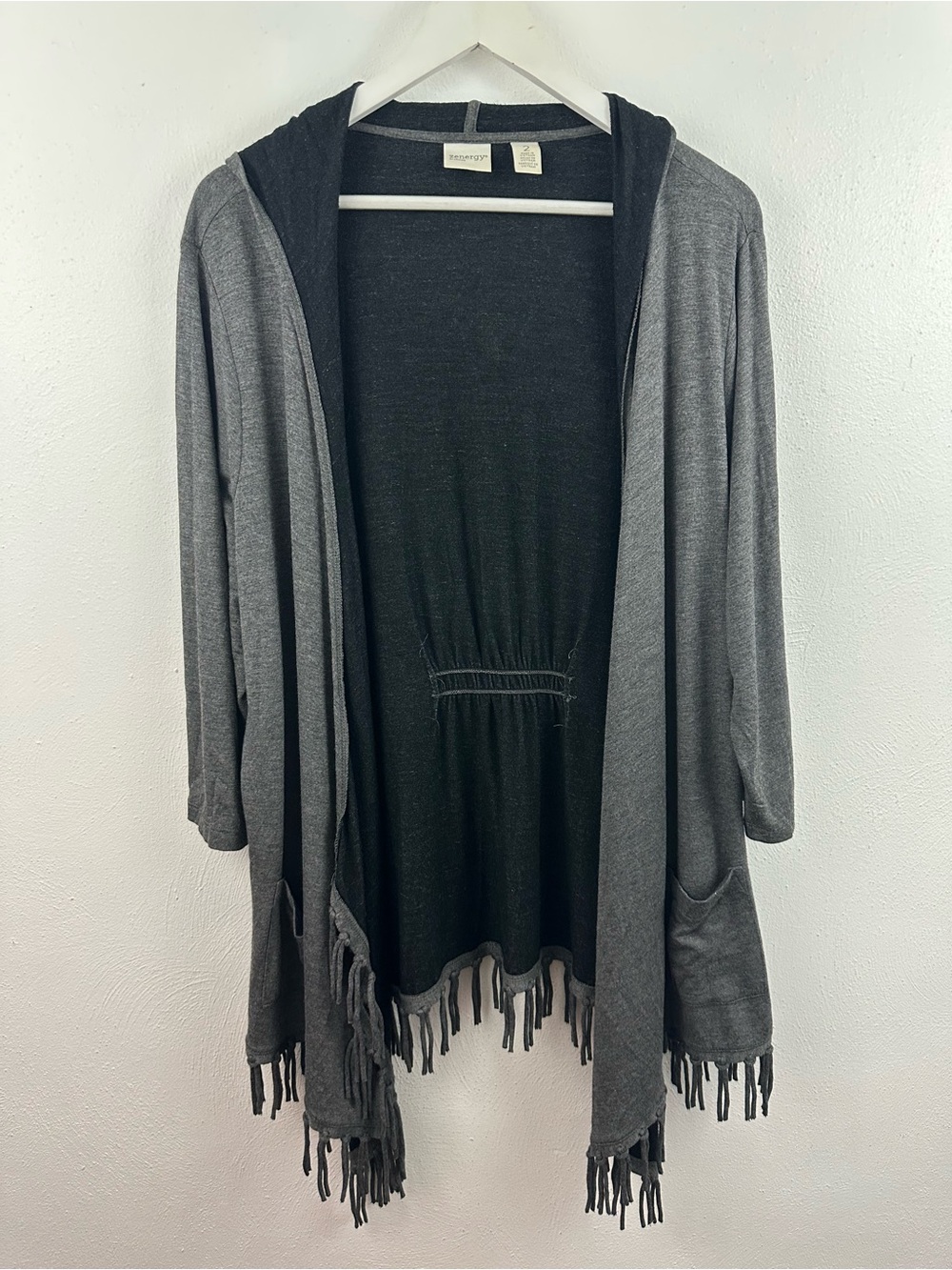 Chico's Two-Tone Gray & Black Hooded Fringe Cardigan Size 2 L